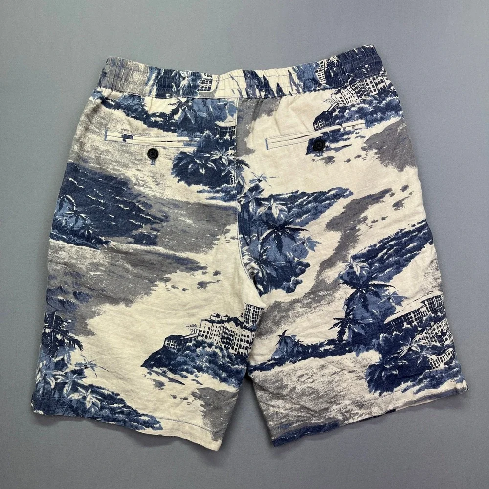 Linen Blend Shorts Elastic Waist Tropical‎ Print Casual Mens Fits 30